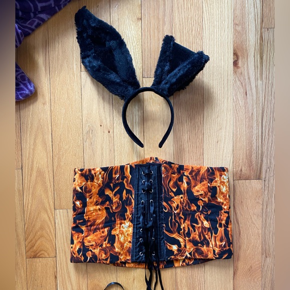 Custom “Playboy” Fire Flame Corset with Matching Black Flame Bunny Ears, Costume - Picture 2 of 3